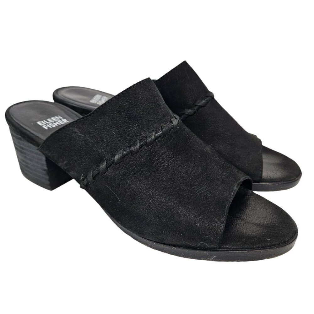EILEEN FISHER Kale-Nu Mule Slide Braided Trim Block Heel Tumbled Nubuck Black